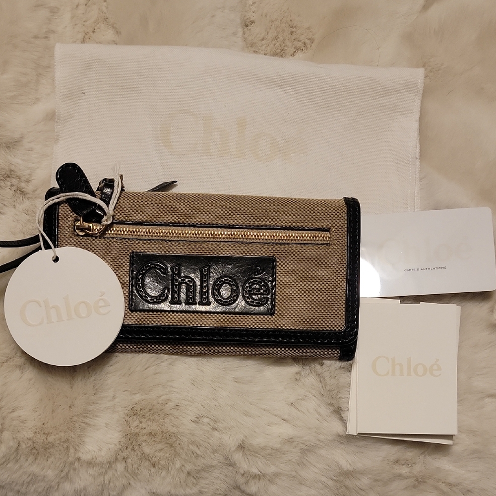 Chloé Beige Canvas and Black Leather Logo Continental Wallet